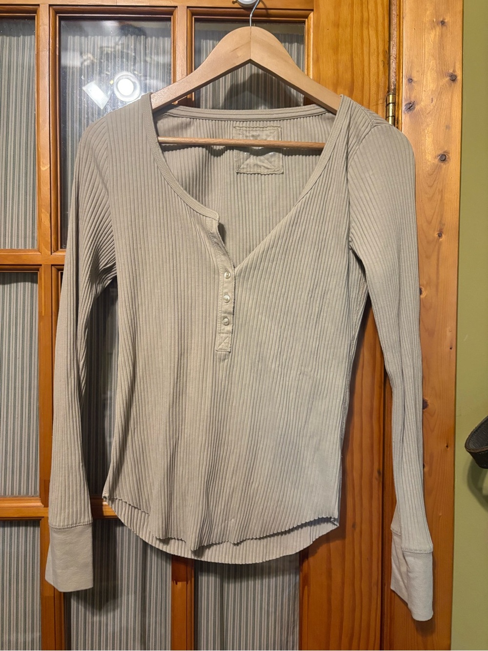 aerie Ribbed Henley Long Sleeve Top in Taupe